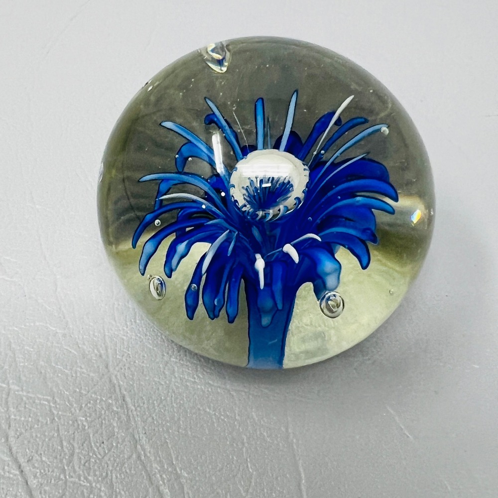 Art Glass Paperweight Blue‎ Floral Lampwork Controlled Bubble Round Orb Decor
